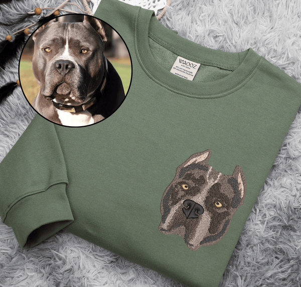 Custom Embroidered Pit Bull Face Sweatshirt Hoodie and T-shirt