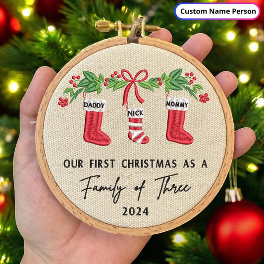 Personalized First Christmas as a Family of 3 Embroidered Ornament, Baby First Christmas Tree Ornament, 1st Xmas Ornament, Family Ornament